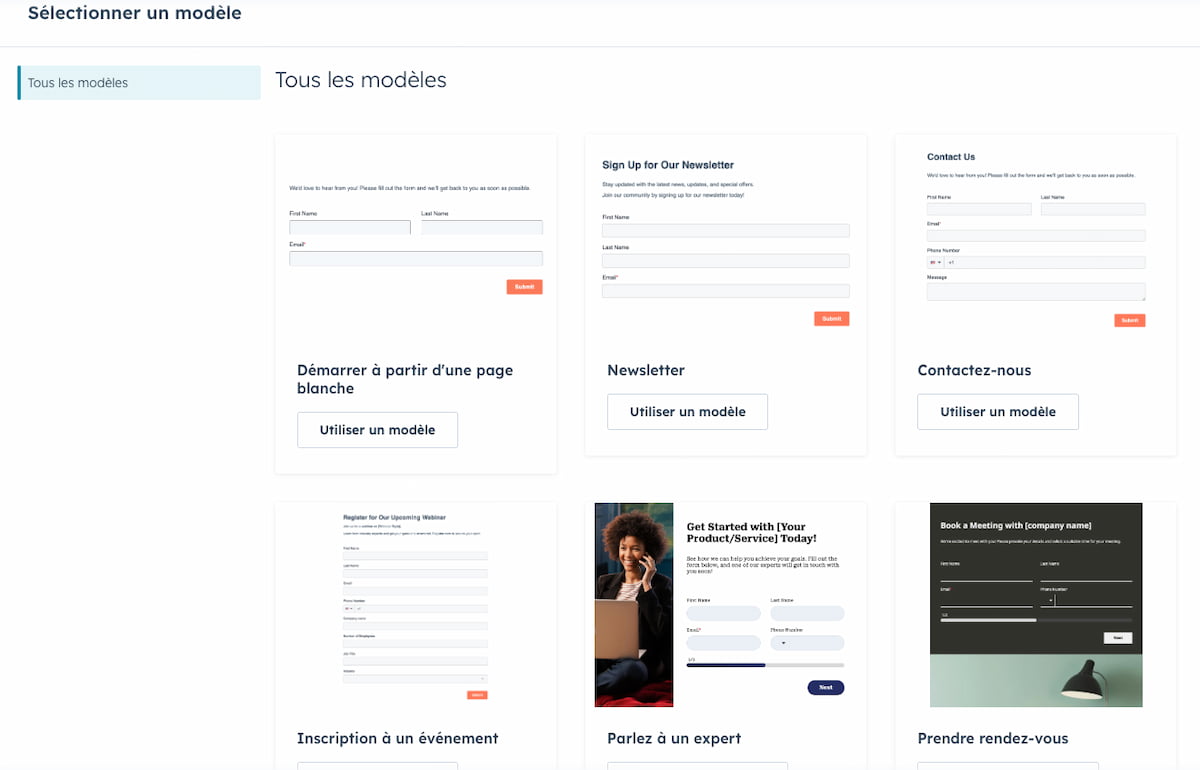 Aperçu de différents modèles disponibles dans la version gratuite d'HubSpot