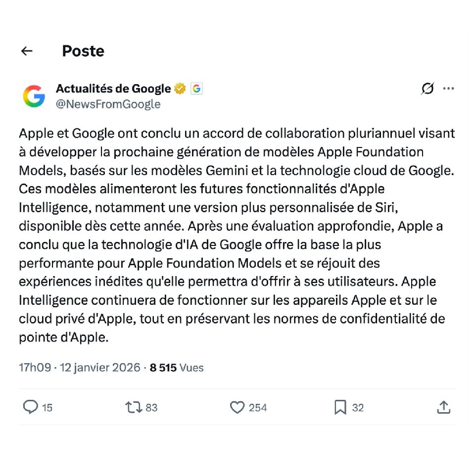 Capture annonce collaboration Google x Apple