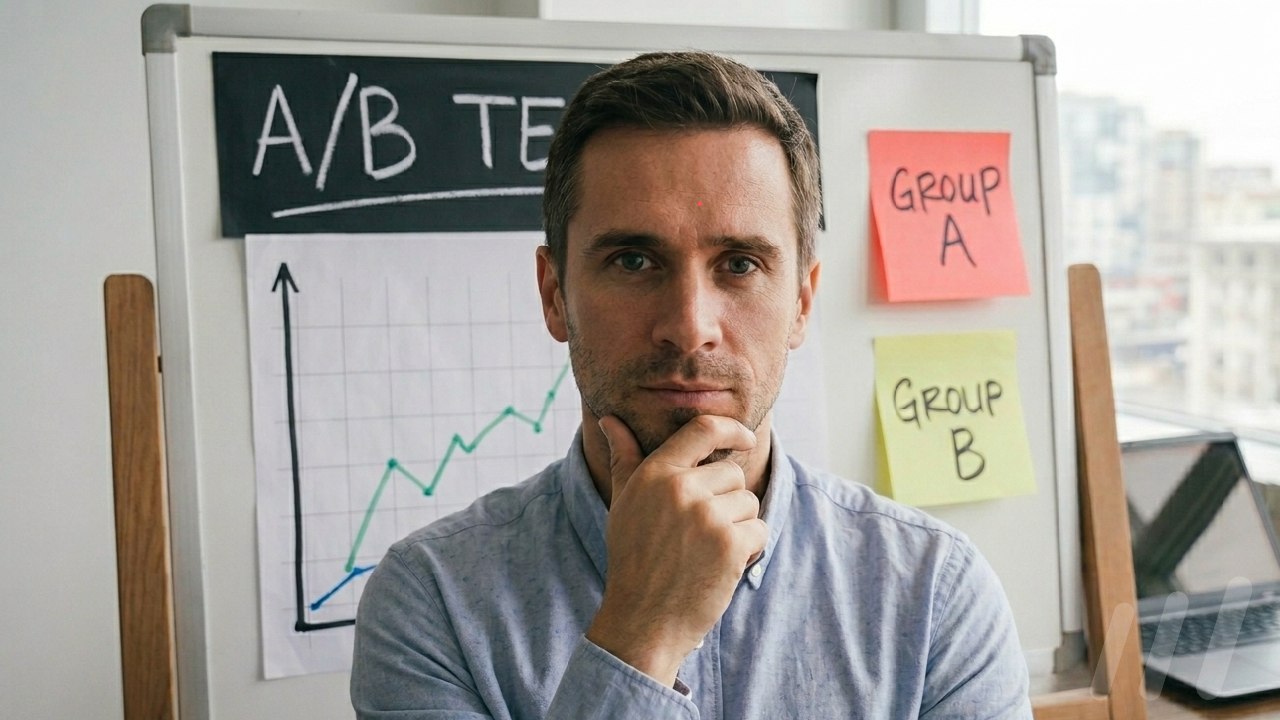 Homme d'affaires pensif posant devant un tableau de bord A/B Testing