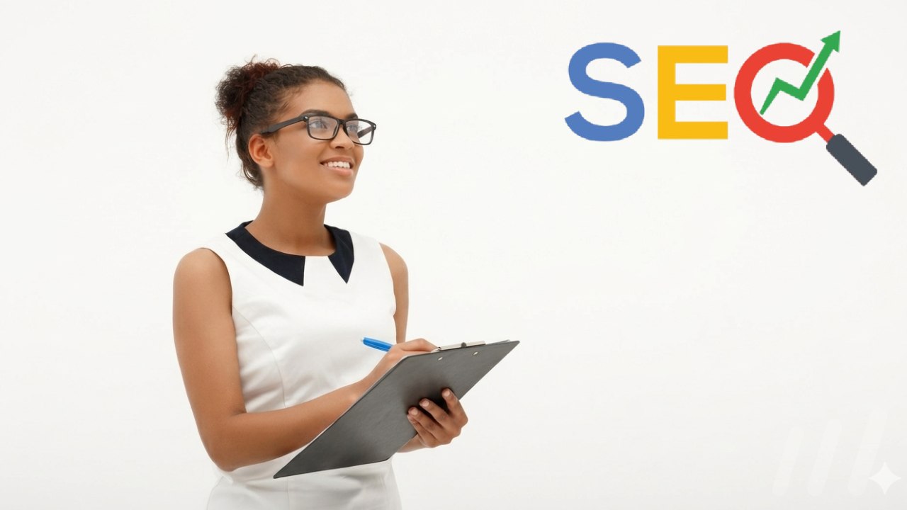 Une femme qui note at analyse avec le logo SEO couleurs de Google