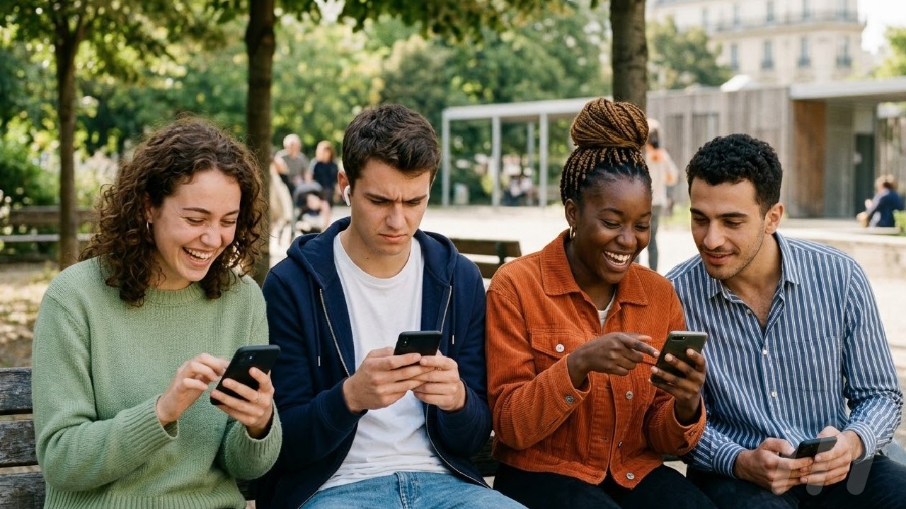 Etude réseaux sociaux : Quatre jeunes adultes assis sur un banc de parc, interagissant avec leurs smartphones.