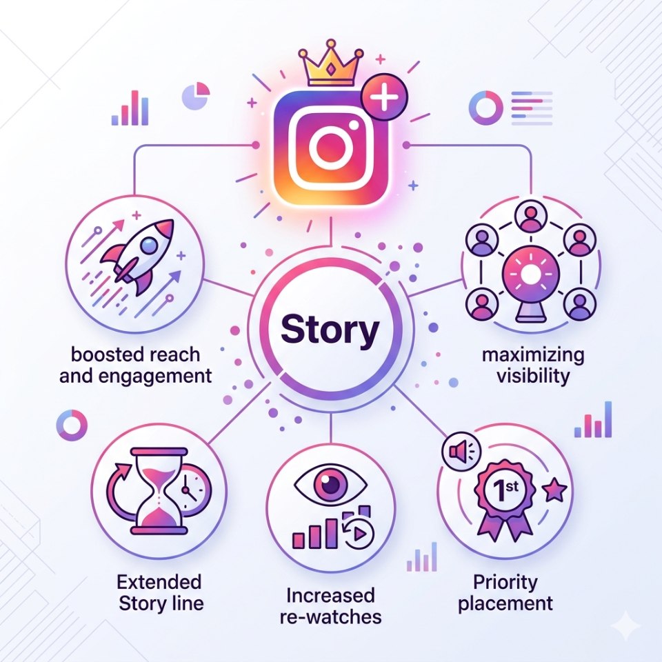 Infographie montrant des icônes de sablier, d'analyse de vues et de badge de priorité connectées à un logo Instagram premium pour illustrer l'optimisation des stories.