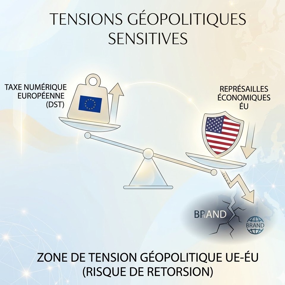 Illustration symbolique des tensions géopolitiques entre l'Europe et les États-Unis sur la taxe numérique.