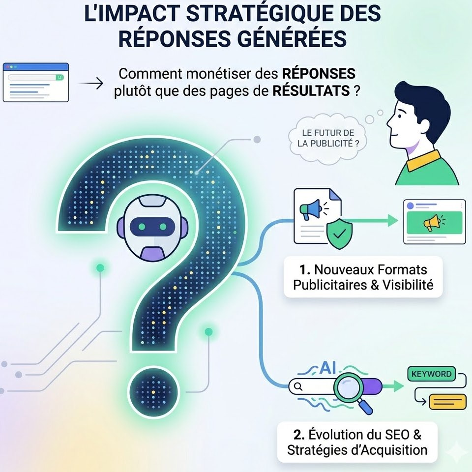 Une infographie stratégique analysant comment l'IA et les réponses générées transforment le modèle économique de la publicité et du SEO