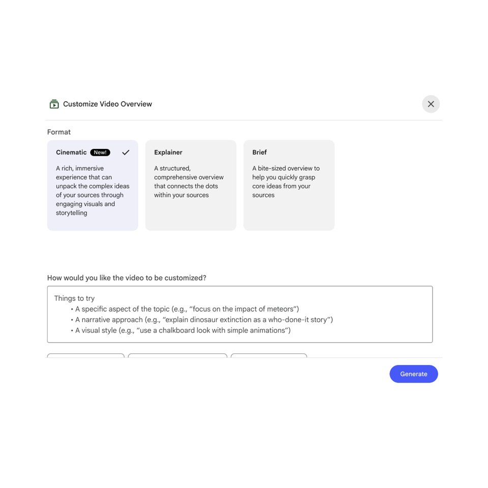 NotebookLM : interface "Customize Video Overview" montrant les formats Cinematic, Explainer et Brief.