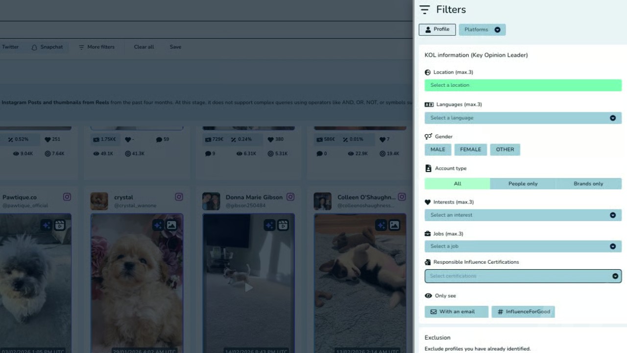 Aperçu des filtres du moteur de recherche de Kolsquare