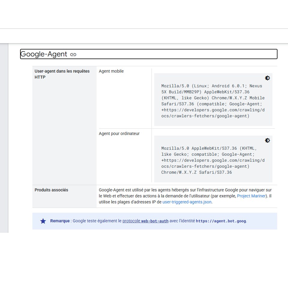 Capture d'écran de la documentation technique de Google détaillant les chaînes User-Agent