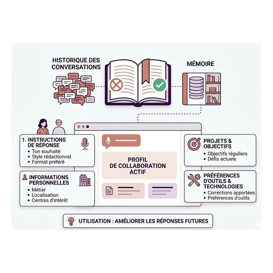 Infographie montrant la différence entre l'historique et la mémoire d'une IA pour créer un profil de collaboration.