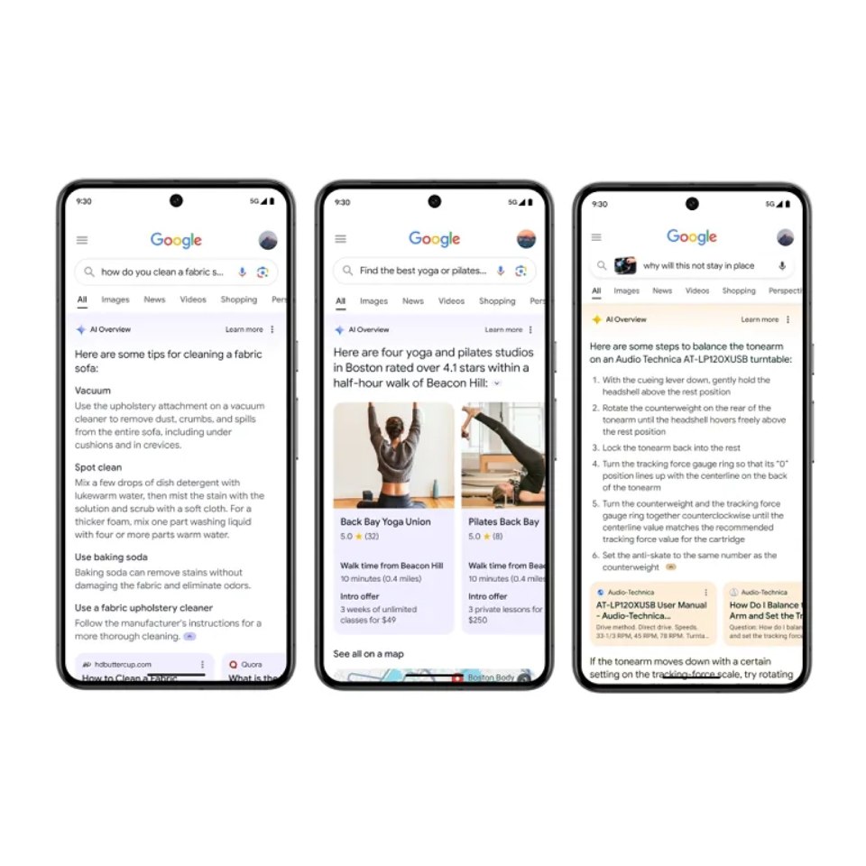 Trois smartphones affichant des aperçus par IA de Google pour des recherches diverses