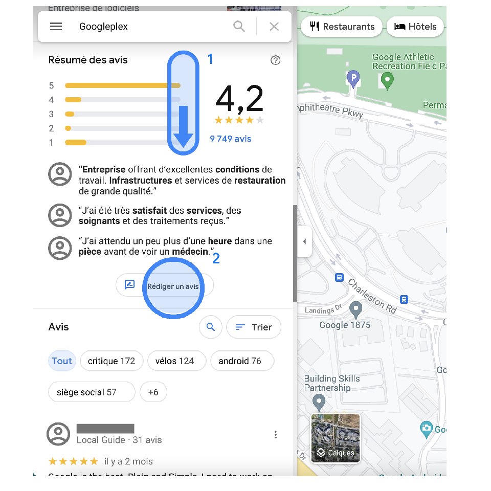 Interface Google Maps affichant le résumé des avis