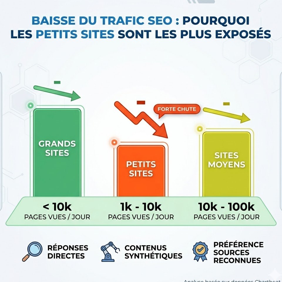 Graphique comparatif montrant la forte chute du trafic SEO pour les petits sites (1k-10k vues/jour) face aux réponses directes et contenus synthétiques.