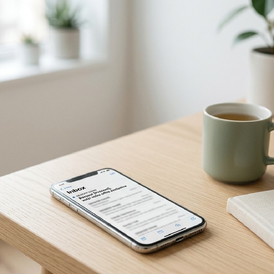 Smartphone posé sur un bureau affichant un email marketing personnalisé