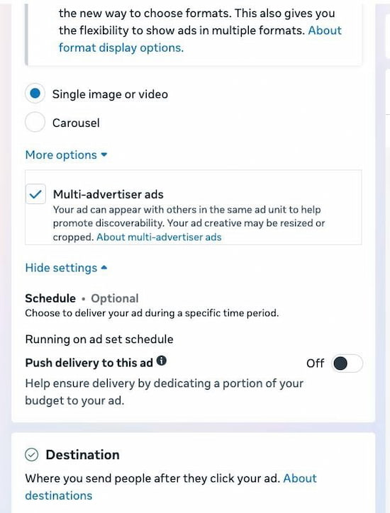 Aperçu de la nouvelle option "Push delivery to this ad" sur Meta