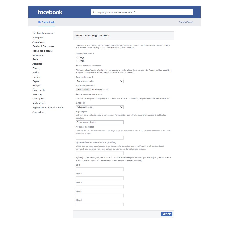 Aperçu formulaire pour la certification de compte sur Facebook