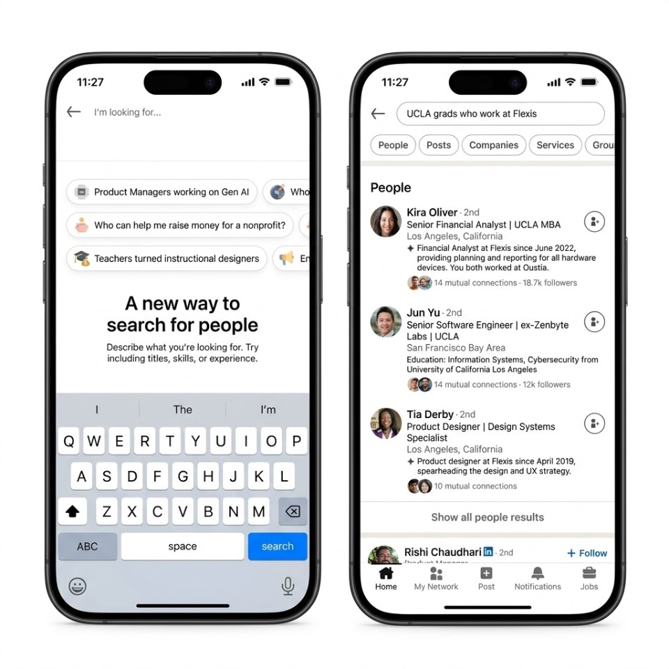 Comparaison côte à côte de la nouvelle interface de recherche LinkedIn et d'une page de résultats sur smartphone.
