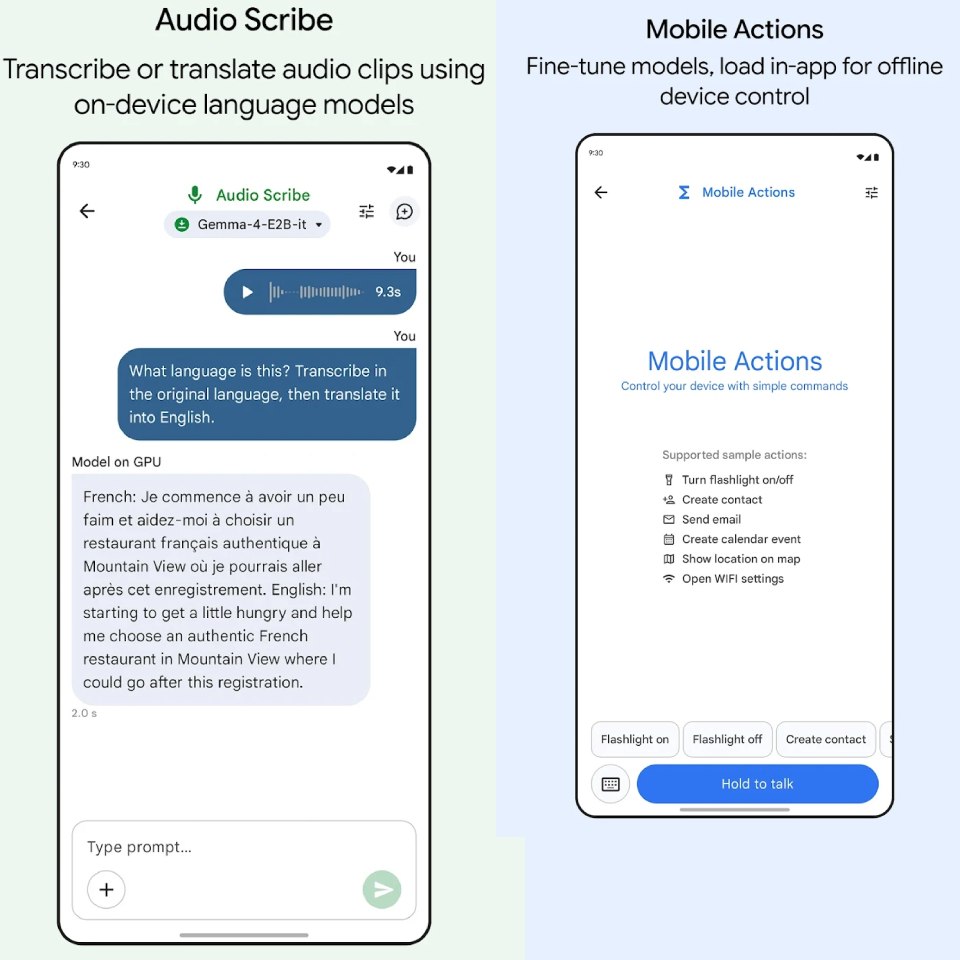 Aperçu interface Gemma 4 - Audio Scribe et Mobile Actions