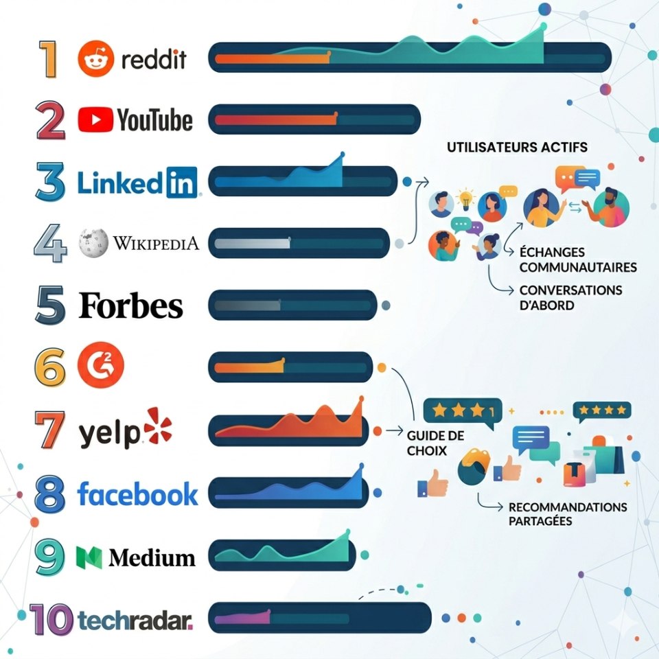 Infographie présentant un classement des 10 plateformes d'influence, mené par Reddit, YouTube et LinkedIn.
