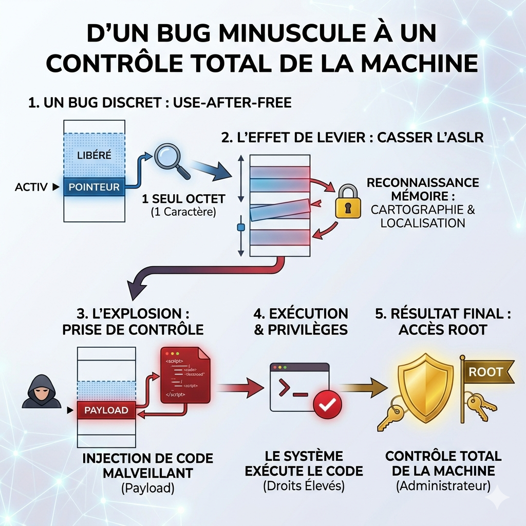 Schéma infographique en 5 étapes illustrant comment un bug de mémoire "Use-After-Free" permet de passer de la lecture d'un seul octet au contrôle total (accès Root) d'une machine