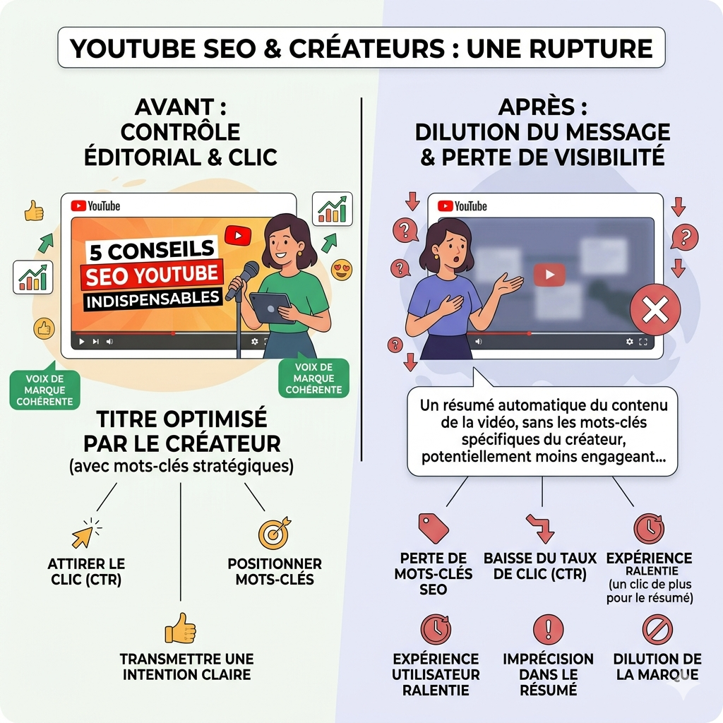 Infographie comparative montrant l'impact du passage des titres créateurs aux résumés automatiques sur YouTube.