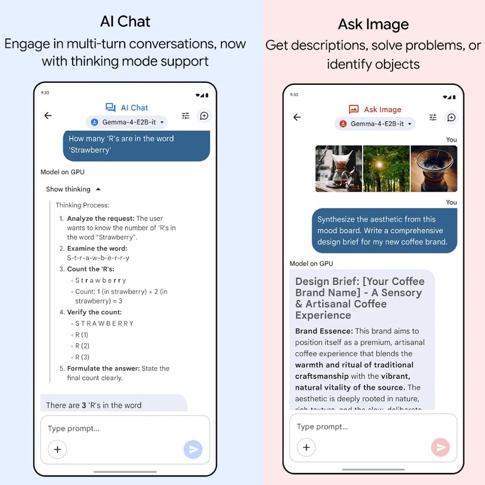 Gemma 4 - Aperçu interface Ask Image et AI Chat