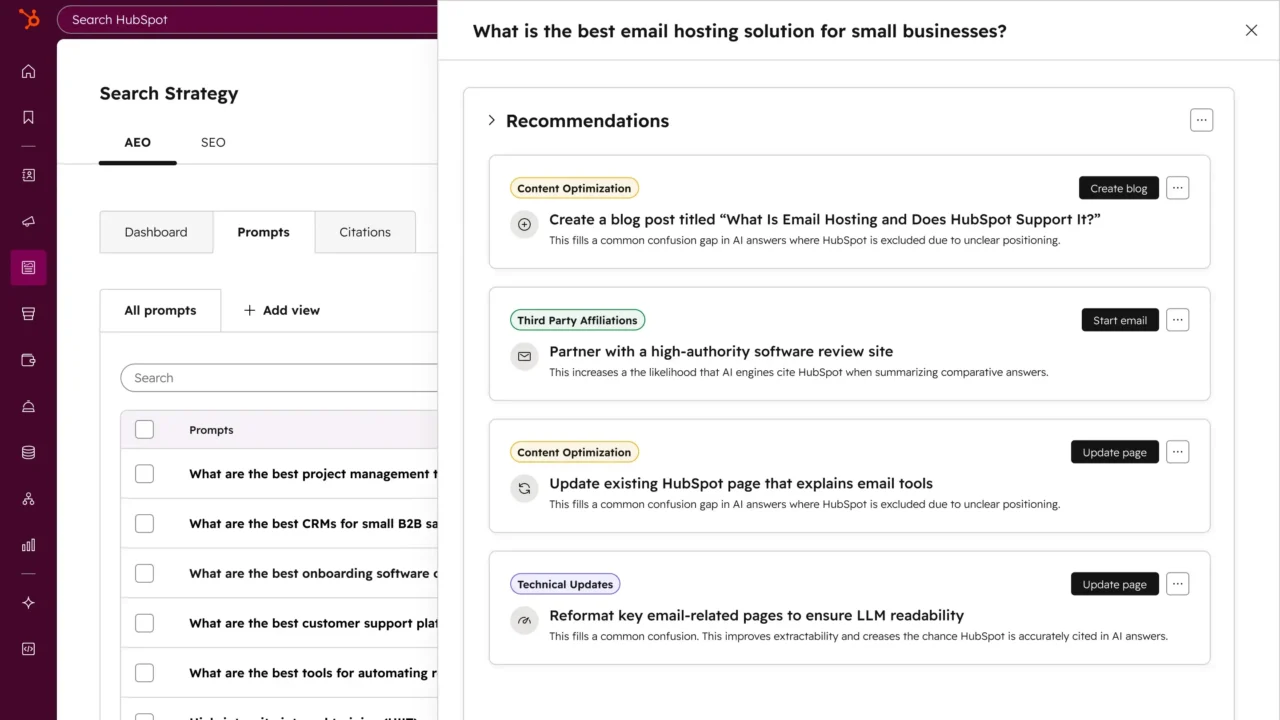 Aperçu des recommandations dans HubSpot AEO