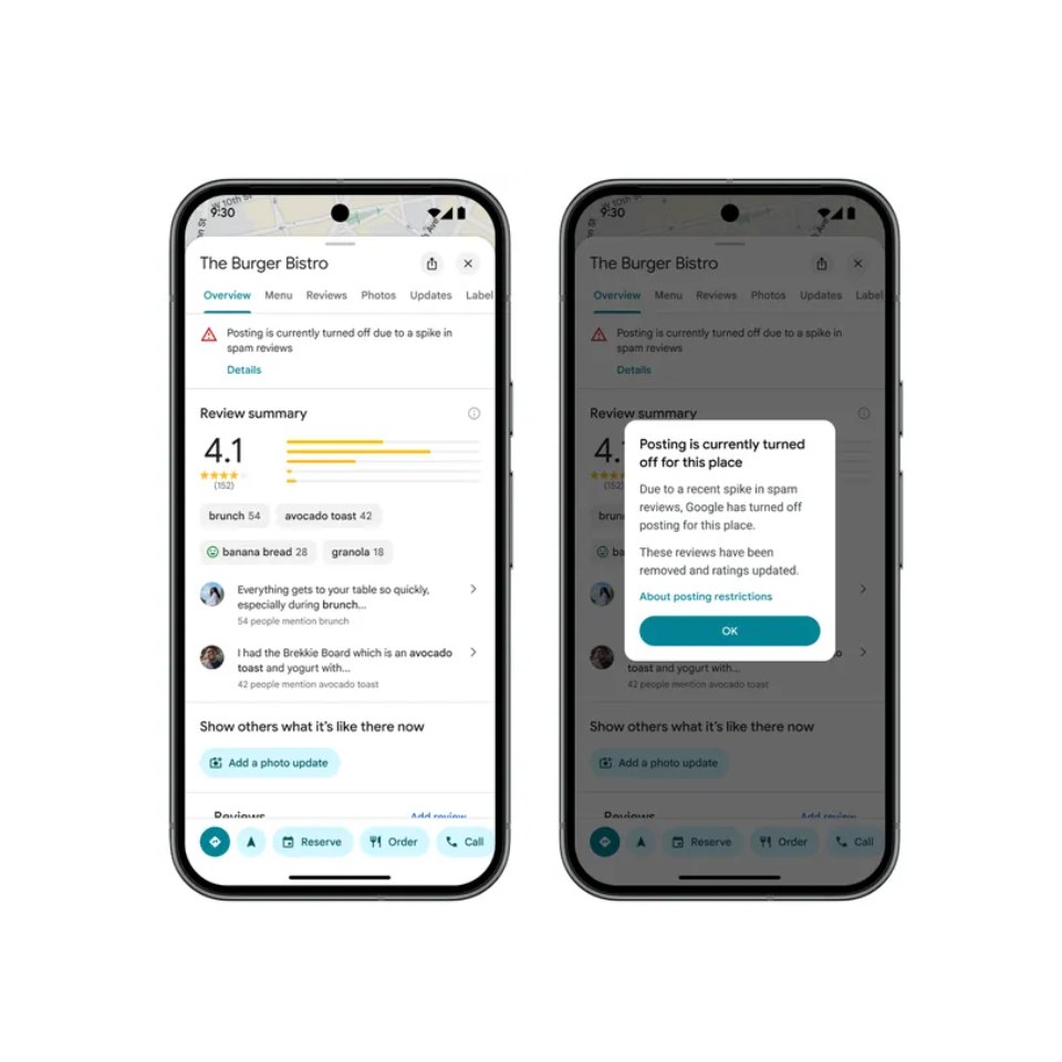 Interace mobile de Google Maps avec les nouvelles restrictions de Google contre les faux avis