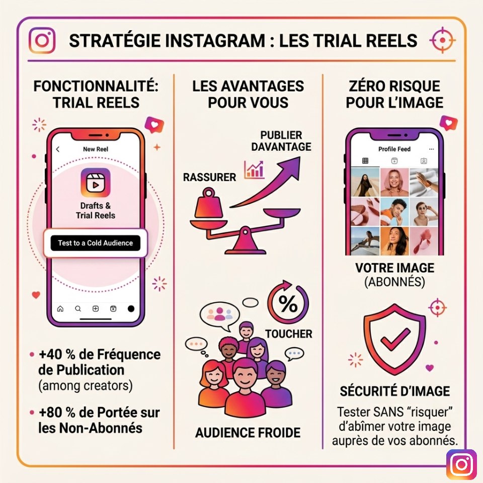 Infographie sur fond dégradé Instagram expliquant la fonctionnalité "Trial Reels"