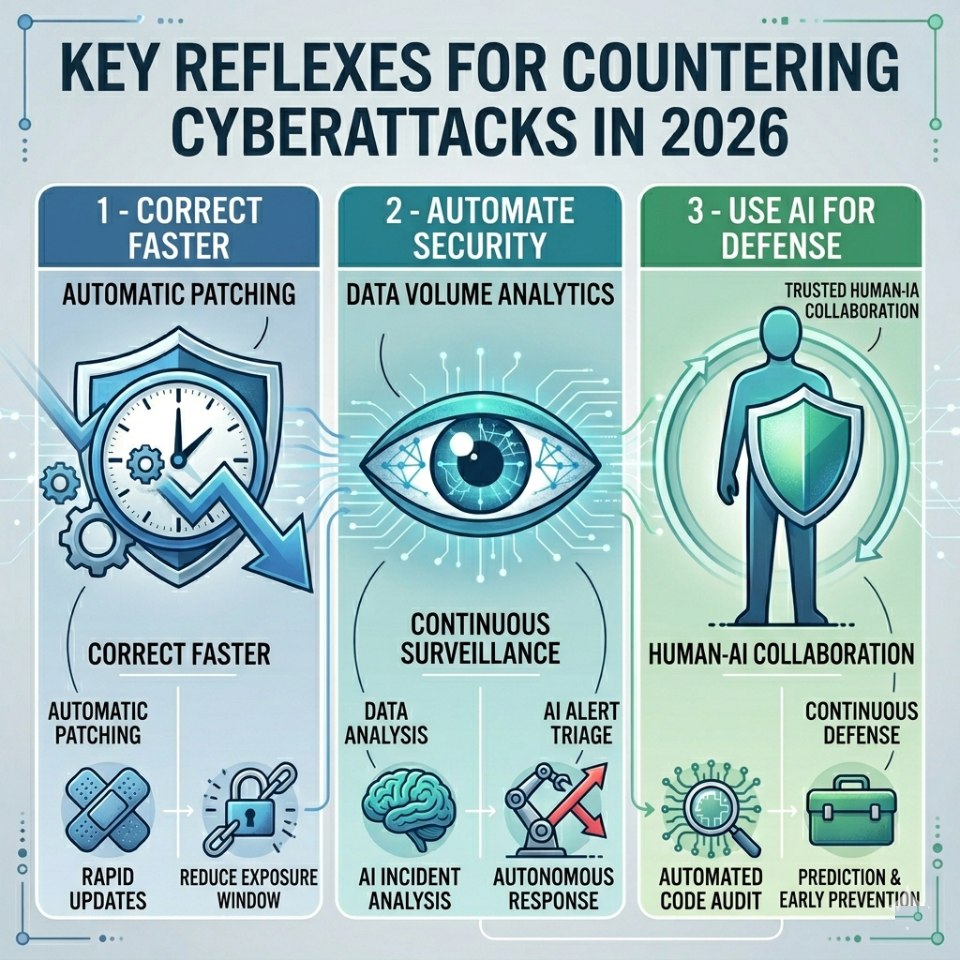 Infographie présentant une stratégie de cybersécurité proactive divisée en trois axes