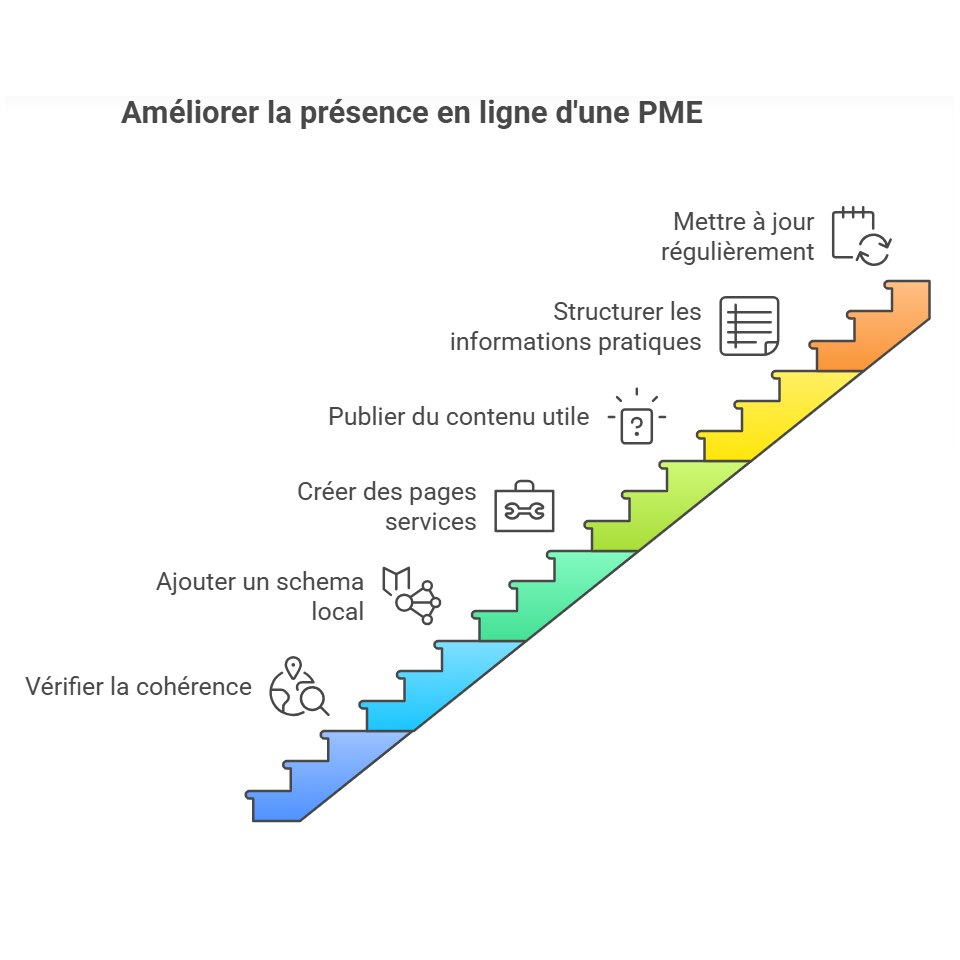 Infographie en escalier détaillant les étapes d'optimisation d'une PME