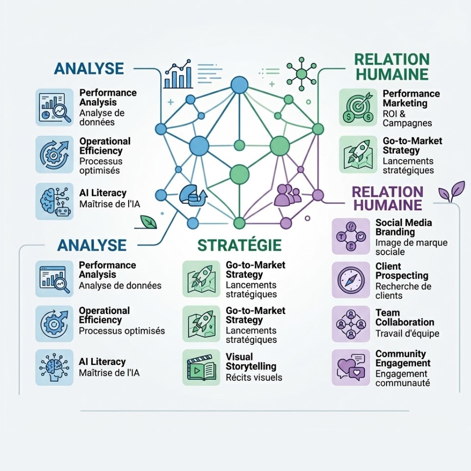 Infographie répartissant les compétences marketing en trois piliers