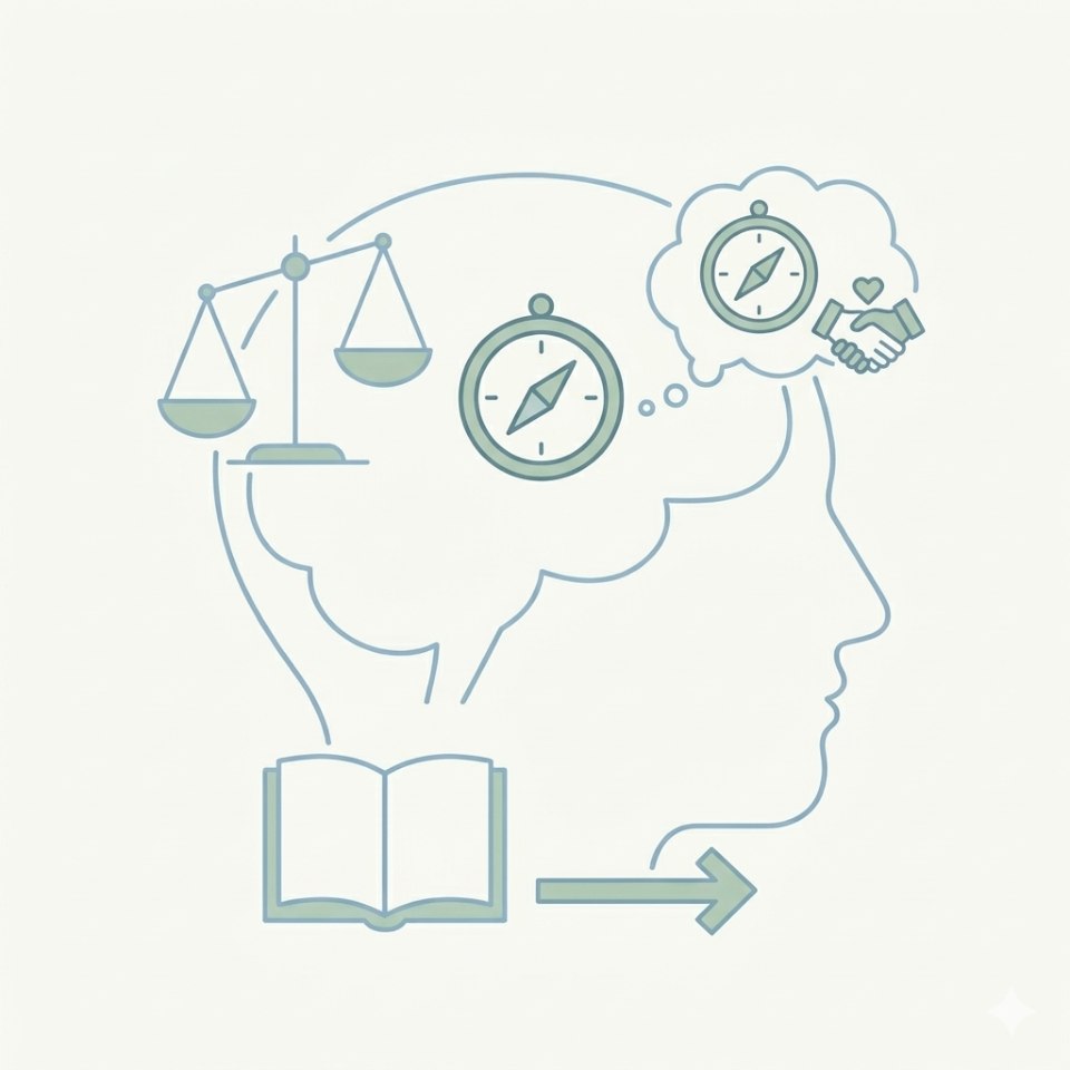 Illustration minimaliste en lignes claires montrant un profil humain avec des icônes de balance pour l'arbitrage, de boussole pour l'orientation stratégique et de poignée de main pour l'authenticité.