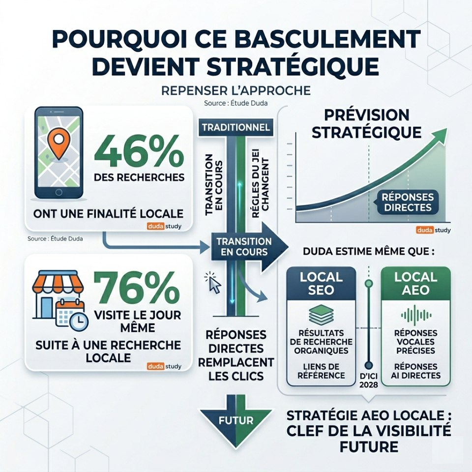 Infographie montrant la transition de la recherche locale vers les réponses directes par IA d'ici 2028.