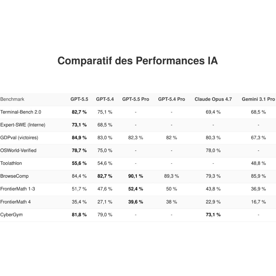 Tableau comparatif des benchmarks de performance : GPT-5.5, GPT-5.4, Claude Opus et Gemini.