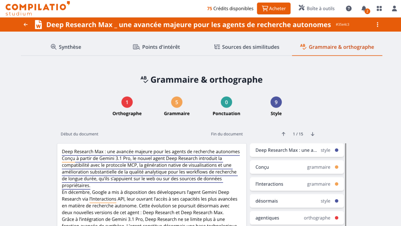 Aperçu du vérificateur d'orthographe et de grammaire de Compilatio