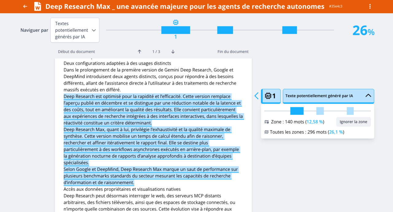 Aperçu de la fonctionnalité de détection d'IA sur Compilatio Studium