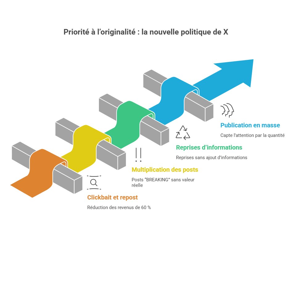 Infographie illustrant la nouvelle politique de X sous forme de parcours d'obstacles.