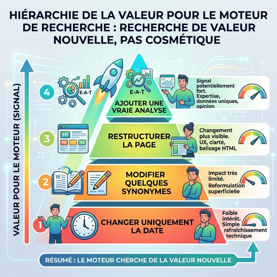 Schéma en pyramide montrant l'impact SEO des mises à jour, du simple changement de date à l'analyse de fond.