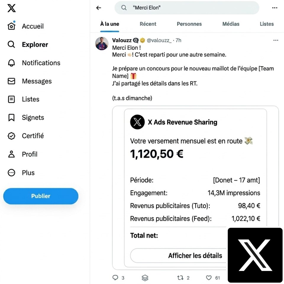 Capture d'écran simulée de l'interface du réseau social X (Twitter) montrant un post de l'influenceur Valouzz annonçant un concours et affichant un tableau de bord de revenus publicitaires