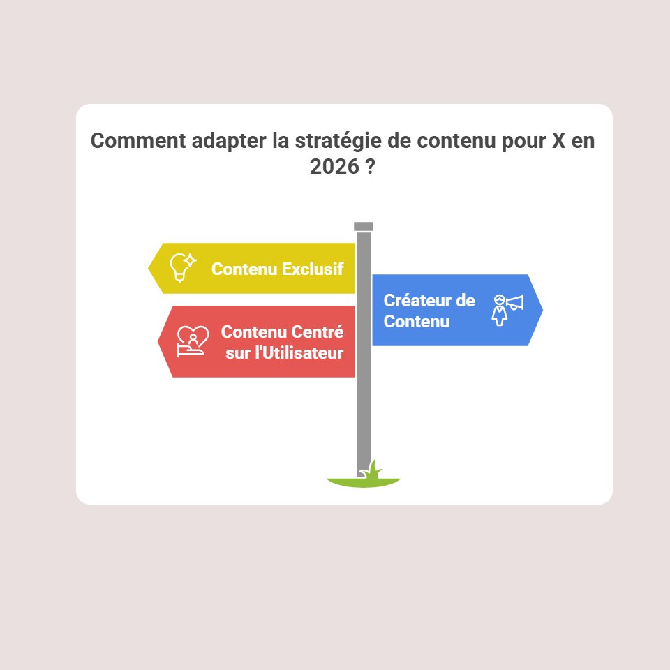 Infographie sous forme de panneau de signalisation posé sur de l'herbe, posant la question de la stratégie de contenu à adopter sur X en 2026
