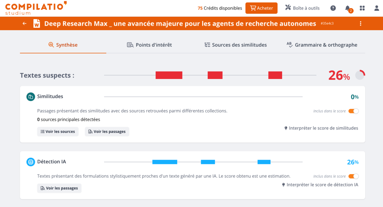 Aperçu d'un rapport obtenu suite à une analyse de document sur Compilatio Studium