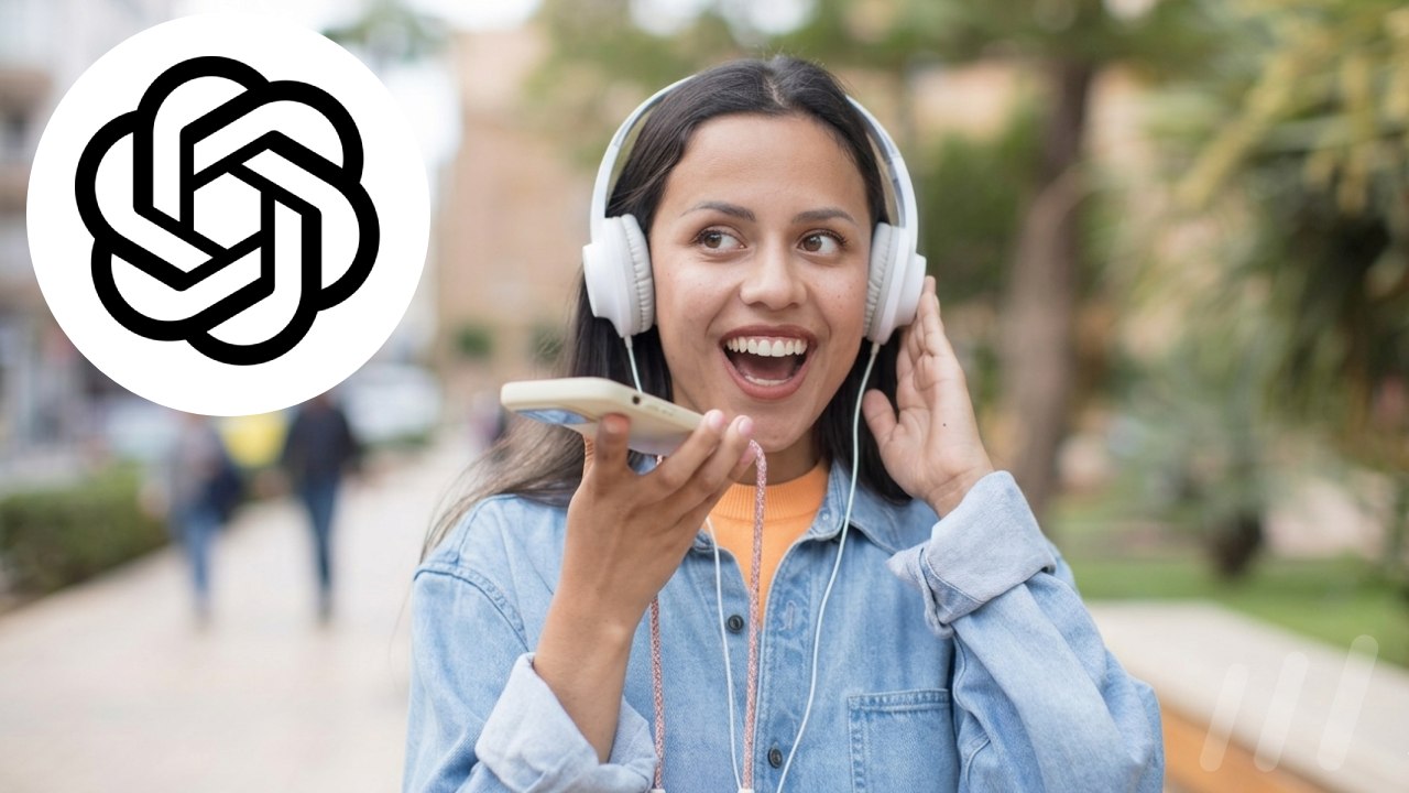 Jeune femme avec casque audio utilisant la commande vocale sur son smartphone, avec le logo de Openai.