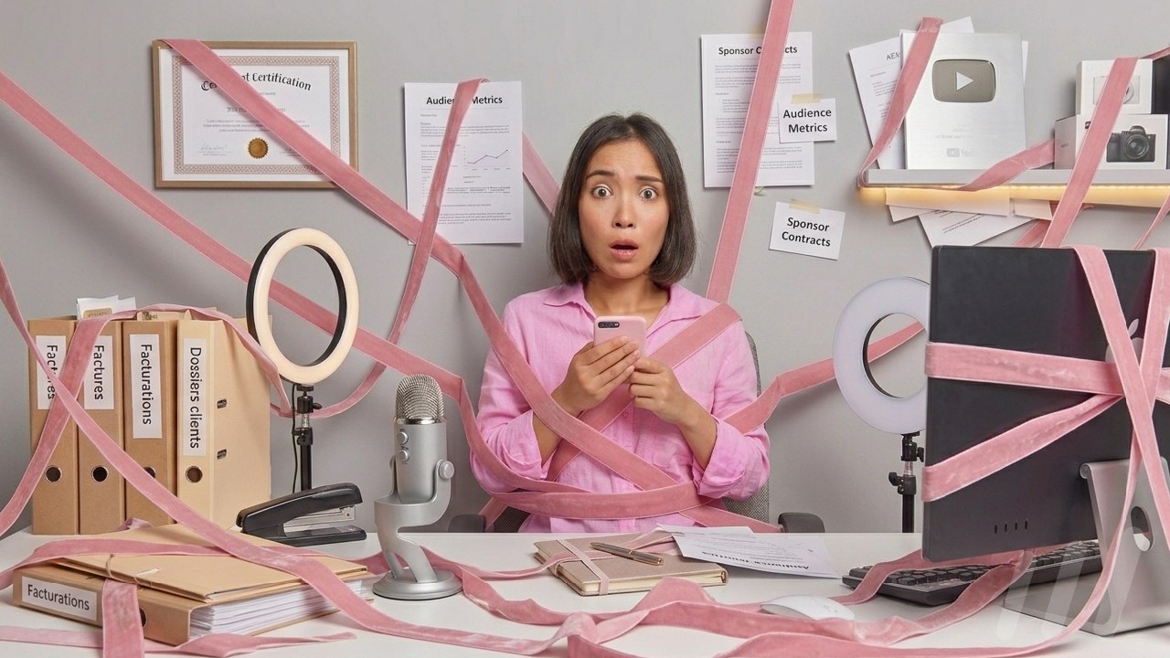 Créatrice de contenu avec une expression inquiète, emmêlée dans de nombreux rubans roses à son bureau de travail.