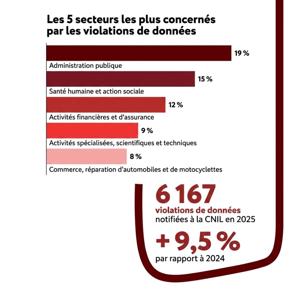 Graphique et statistiques de violation de données par secteur en France en 2025.