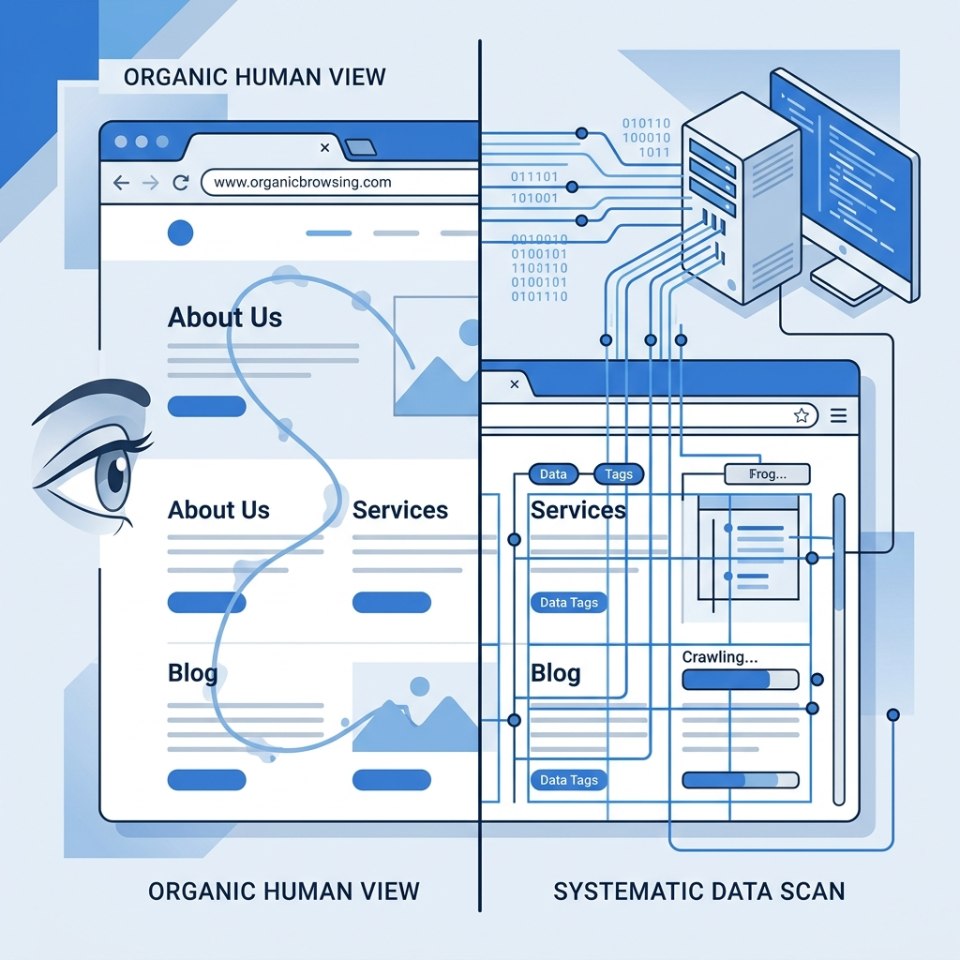 Illustration en split-screen : à gauche, un œil humain suit un parcours sinueux sur une page web ; à droite, un serveur envoie des flux de données pour scanner la même page de manière structurée.