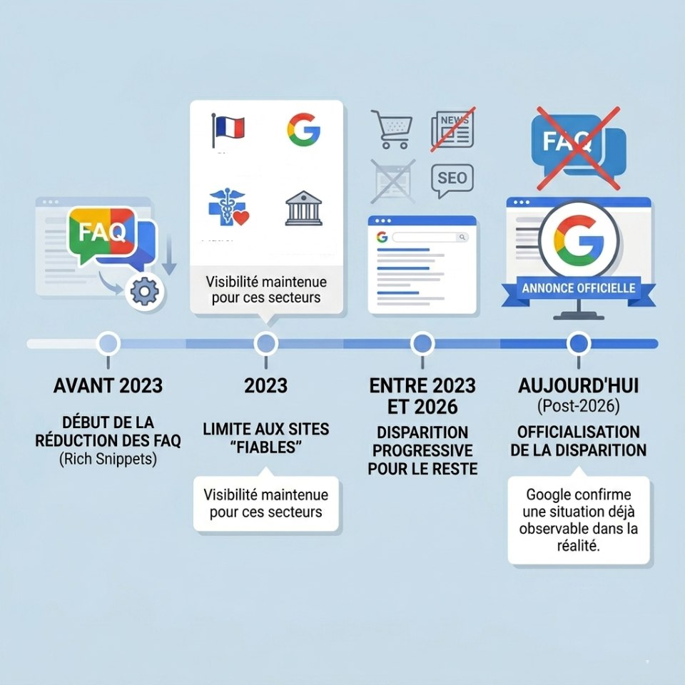 Timeline représentant la politique de Google pour les FAQ