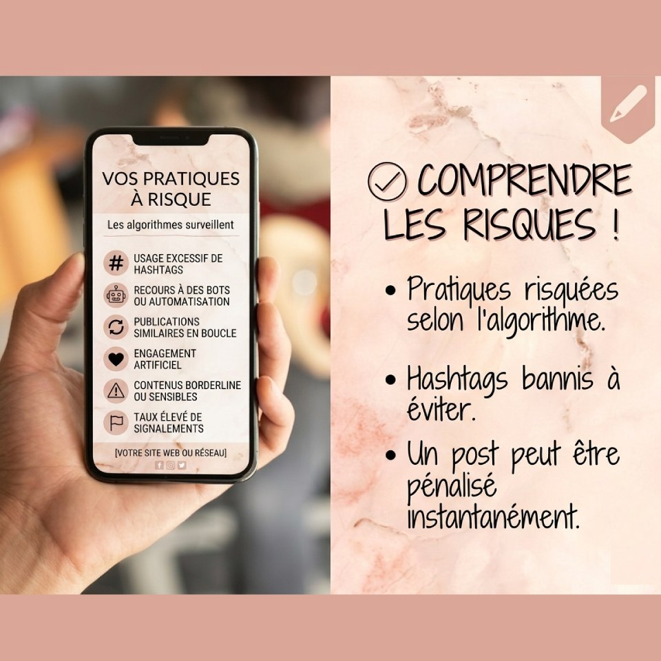 Infographie montrant une main tenant un smartphone qui liste des pratiques à risque sur les réseaux sociaux
