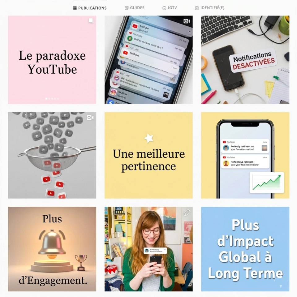 Schéma de grille sociale illustrant comment moins de notifications YouTube pertinentes créent plus d'impact à long terme.