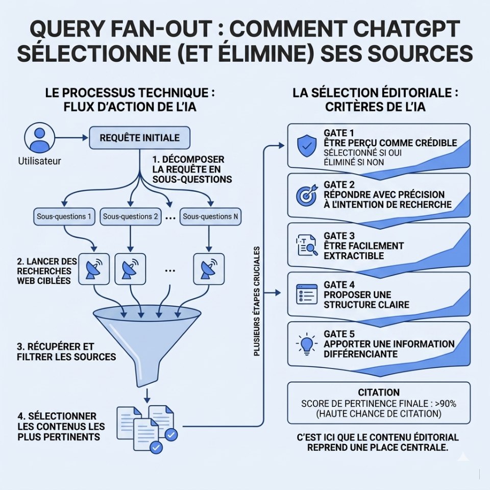 Infographie en deux parties expliquant la sélection des sources par l'IA.