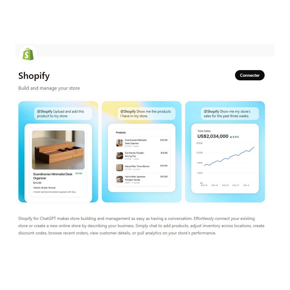 Capture d'écran de l'interface Shopify pour ChatGPT montrant trois exemples de commandes textuelles