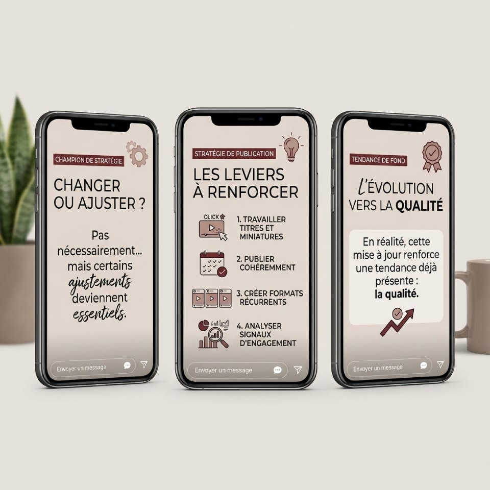 Infographie montrant trois smartphones avec des conseils de stratégie